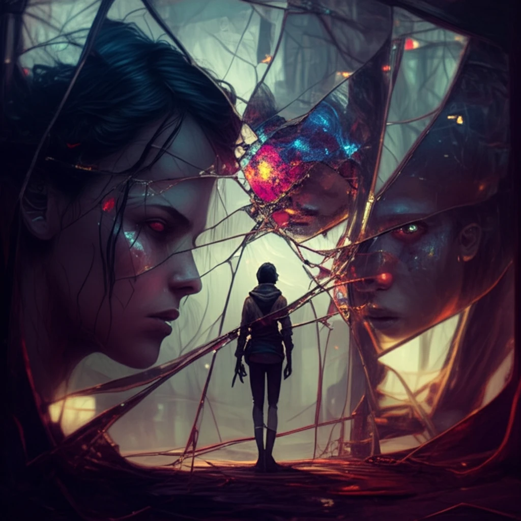 A fragmented mirror reflecting emotional scenes, symbolizing the fragmented memories and preserved emotions in Korsakoff's Syndrome.