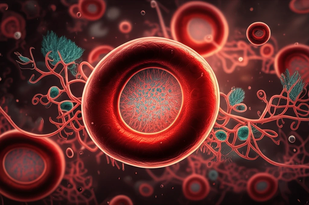 Microscopic view of blood sample showing coagulation factors and plasma cells.