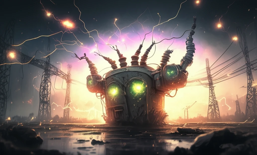 Stylized power transformer emitting protective energy waves, set against a backdrop of a glowing, interconnected power grid.