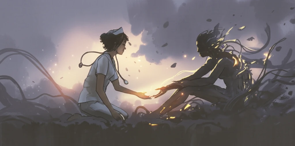 A nurse offers support in a surreal mental wellness landscape of swirling voices.