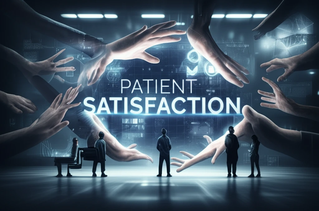 Symbolic illustration of patient satisfaction in a futuristic hospital setting, highlighting empathetic healthcare professionals.