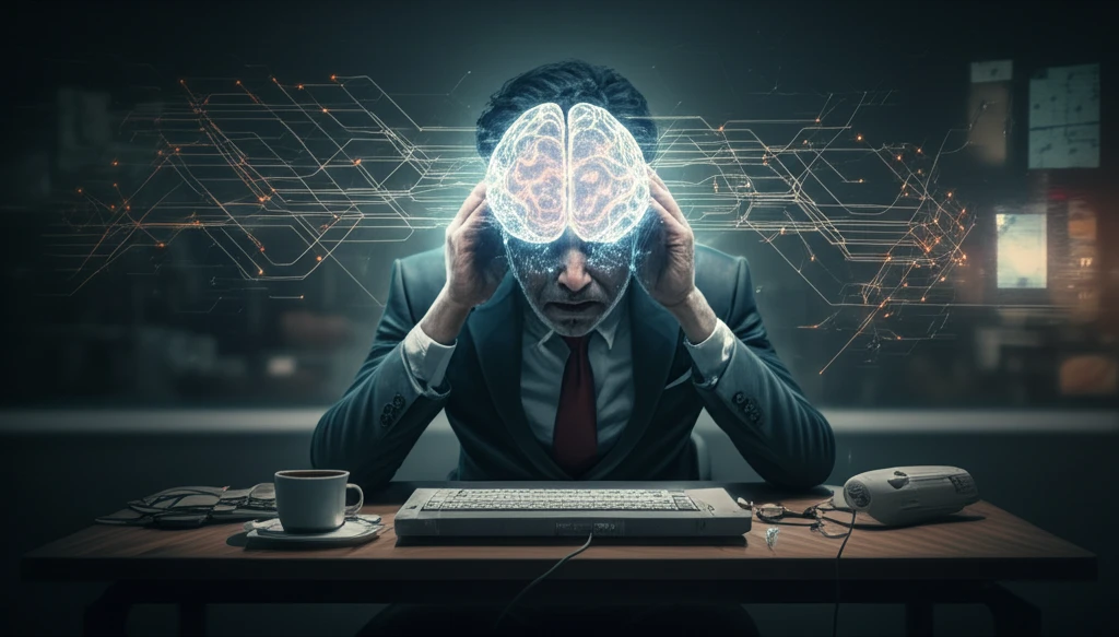 Surreal image illustrating the connection between work stress and cognitive aging.