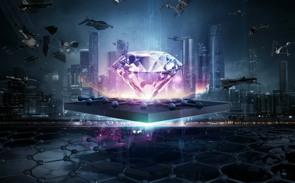 Surreal digital illustration of diamond transistor with hexagonal boron nitride layer.