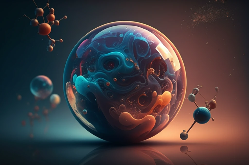 Surreal illustration of swirling, colorful liquids in a sphere, representing the science of liquid mixtures.