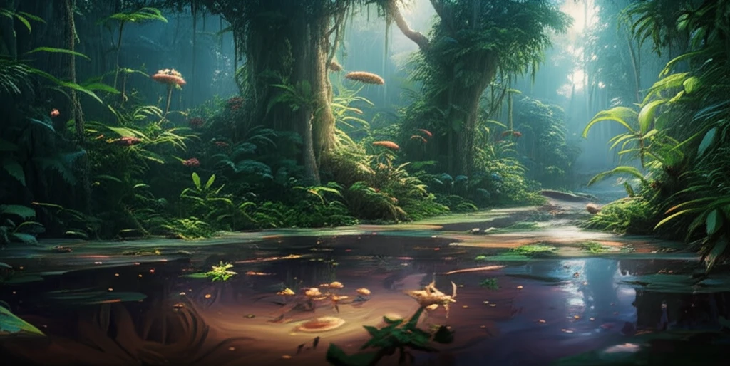 Surreal illustration of the Amazon rainforest during a flood.