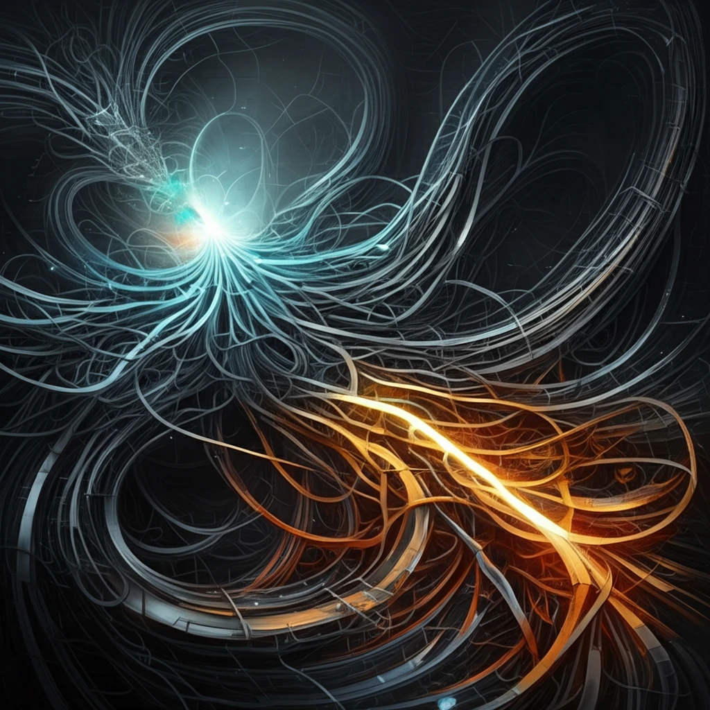 Surreal digital illustration of interwoven data streams with a highlighted outlier.