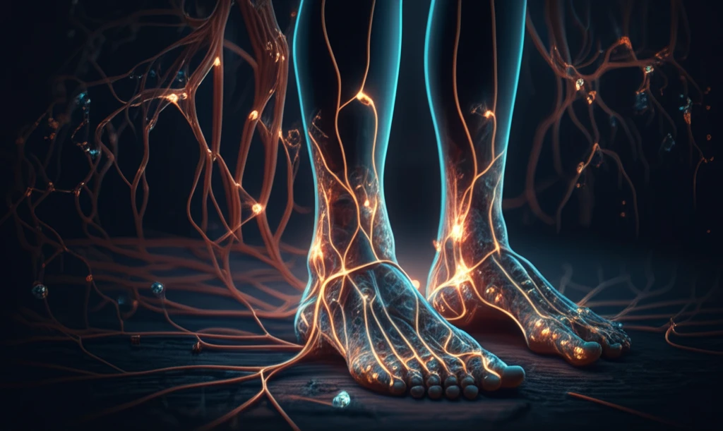 Glowing nerve pathways in feet symbolizing diabetic neuropathy.