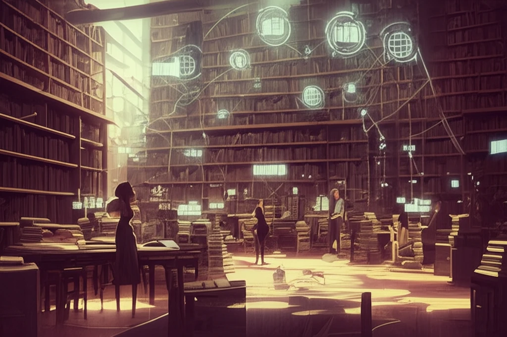 Glowing networks of knowledge flowing from books in a diverse library setting.