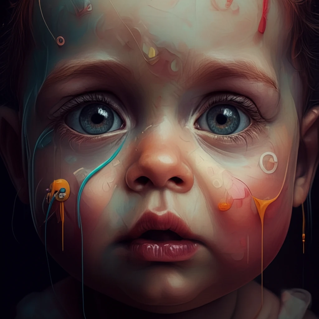 Baby's face composed of Polish consonants, representing language learning.