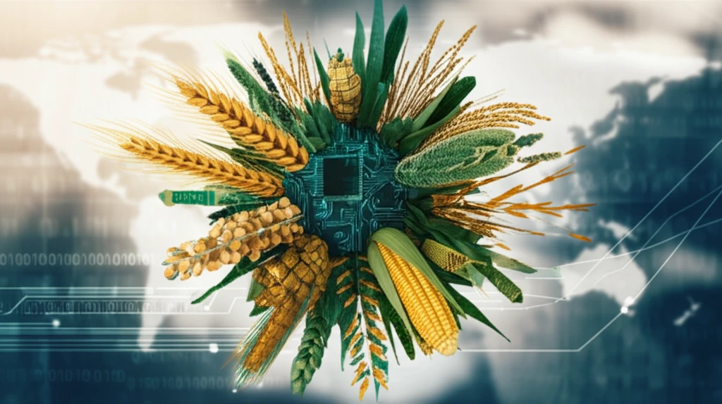 Digital crops morphing into circuit boards, symbolizing crop modeling.