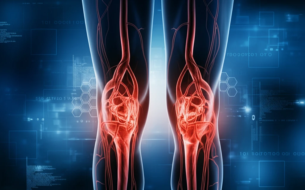 Illustration of leg veins highlighting superficial vein thrombosis.