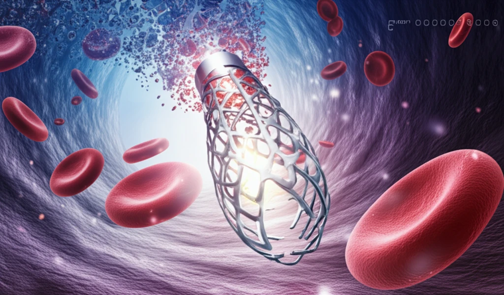 Surreal illustration of a dissolving heart stent inside a healthy artery.