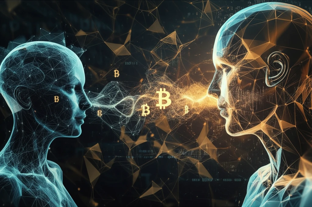 Data streams flowing between buyer and seller with Bitcoin symbols.