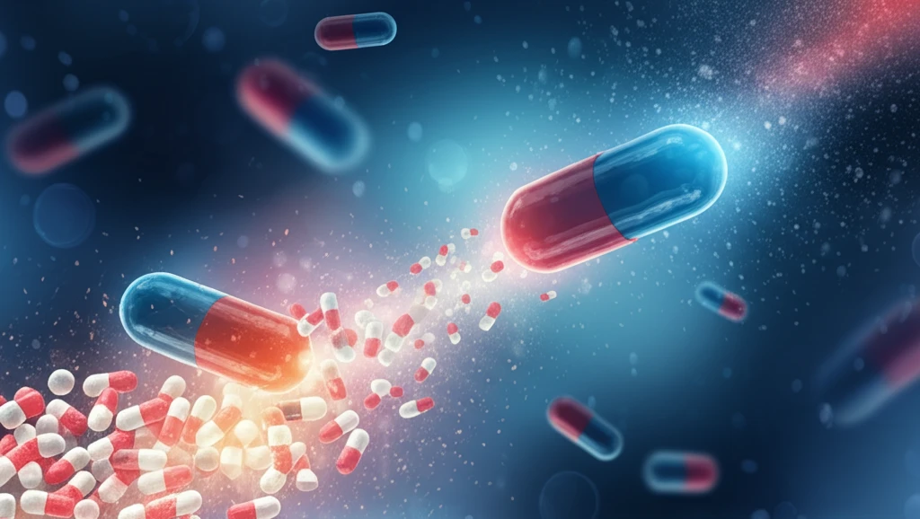 Surreal illustration of microcapsules releasing medication for enhanced drug solubility