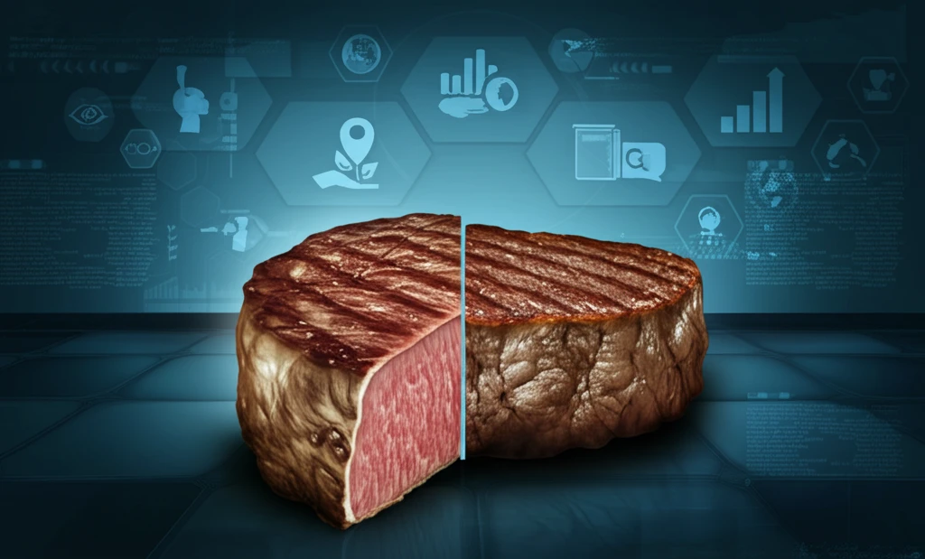 A steak divided into tender and tough halves, symbolizing consumer choice and scientific analysis.