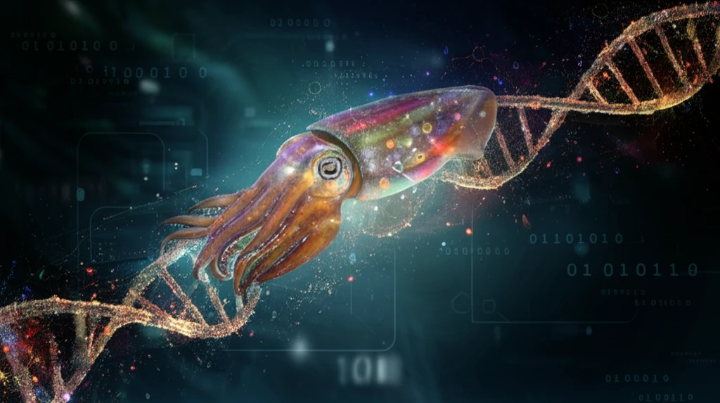 Cuttlefish transforming into DNA helix, representing AI-powered gene analysis for cancer diagnosis.