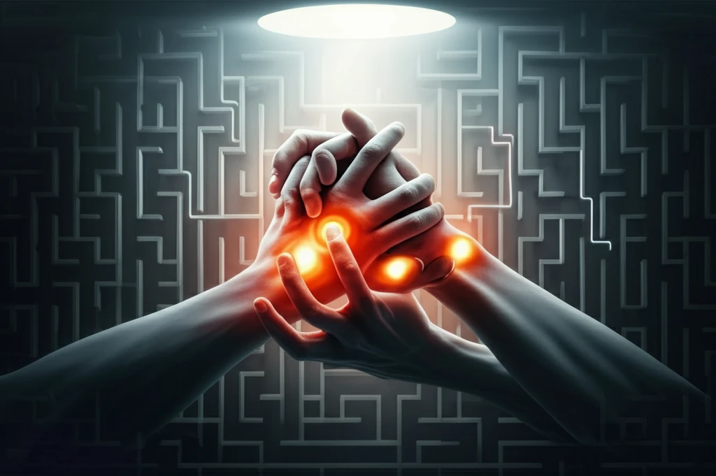 Surreal illustration of hands with inflamed joints in a maze, symbolizing rheumatoid arthritis and pain management.