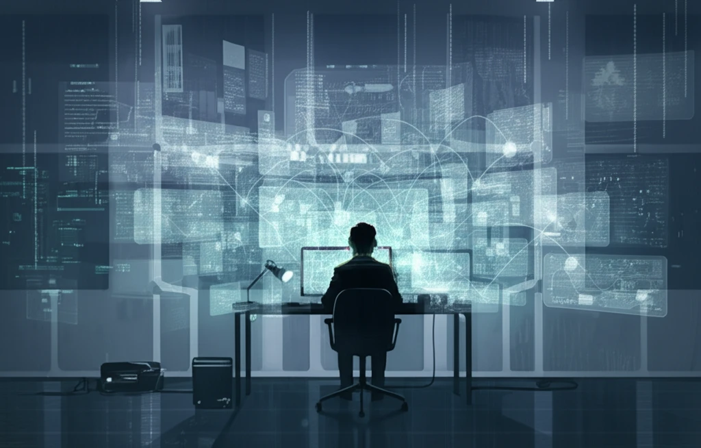 Digital illustration of a researcher using Covidence and Rayyan for systematic reviews.