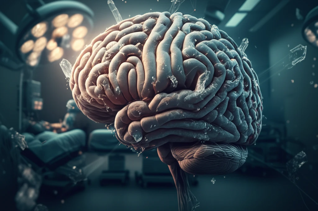 Brain intertwined with sugar crystals, symbolizing the connection between diabetes, surgery, and cognitive health.
