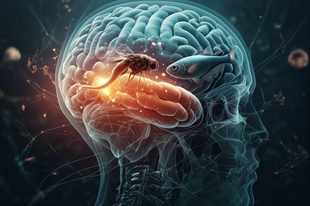 Microscopic worm, fruit fly, and zebrafish swimming together inside a human brain.