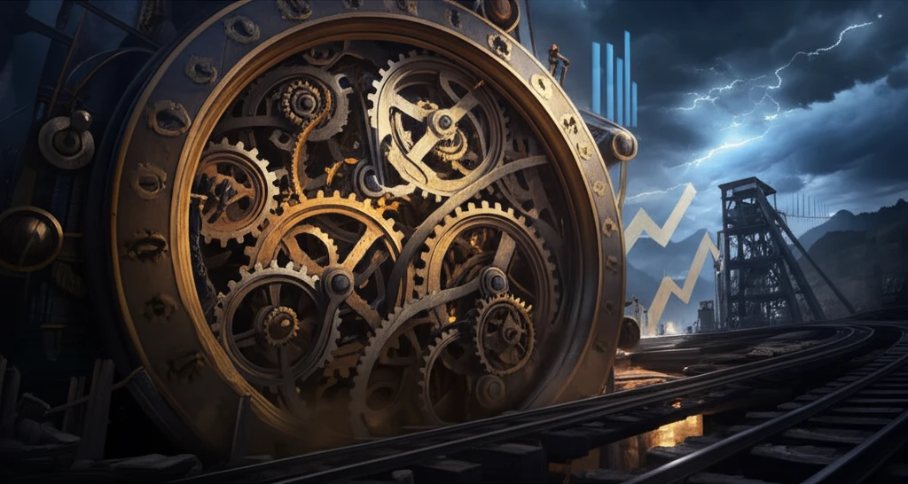 Surreal illustration of a West Virginia coal mine as a clockwork mechanism, symbolizing the complex relationship between labor and productivity.