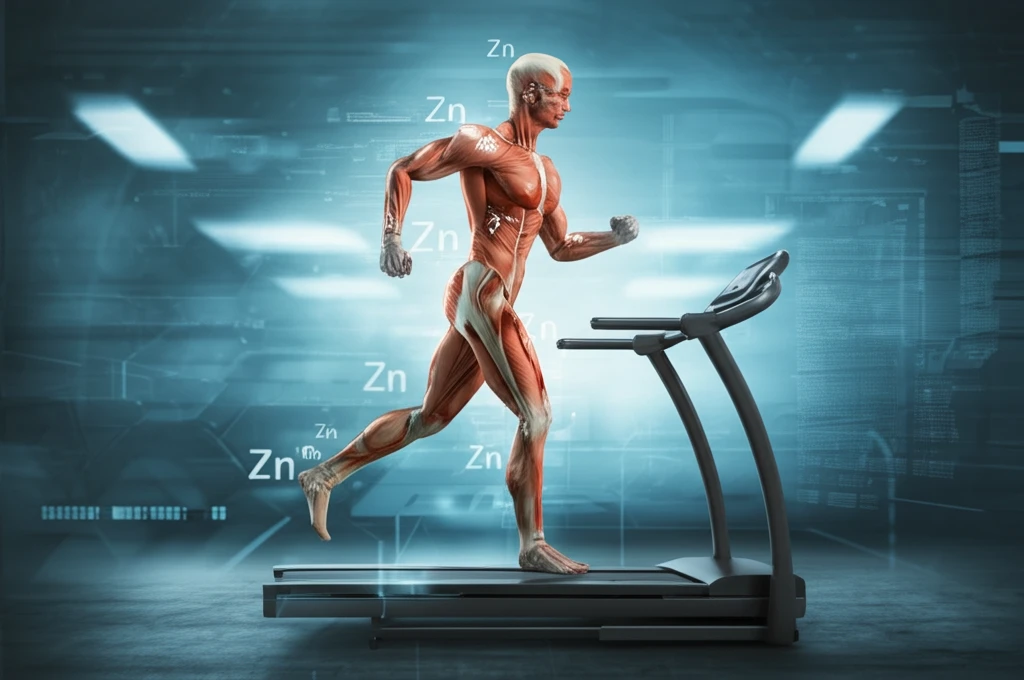 Surreal image of a runner with zinc symbols in their muscles, illustrating the benefits of zinc supplementation for exercise and health.