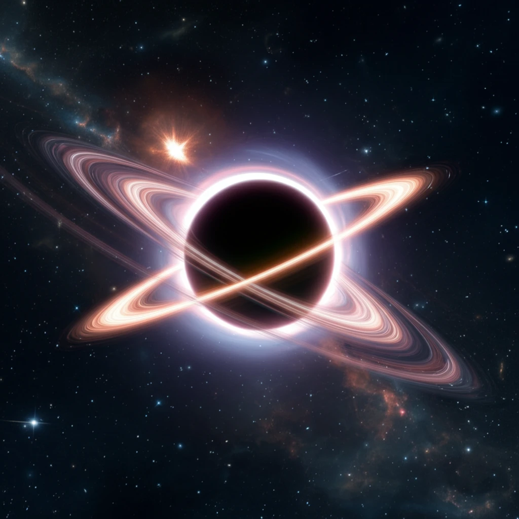 Binary stars orbiting a black hole, gravitational waves rippling outwards.