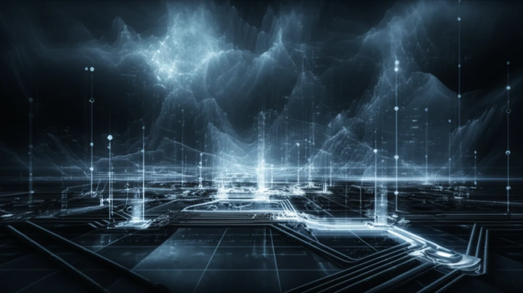 Futuristic smart grid with glowing energy pathways and fiber optic cables, illustrating data flow and resilience.