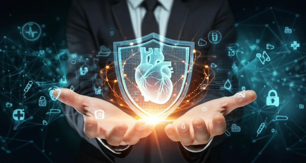 Digital illustration of a person holding a protected digital heart representing secure Electronic Health Records