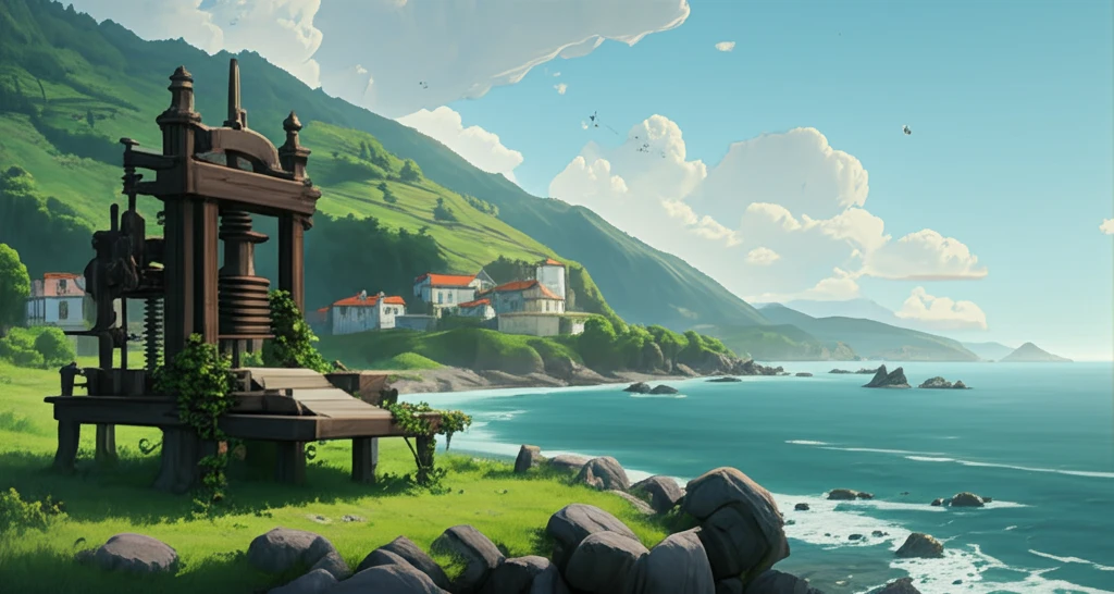 A surreal illustration merging a vintage printing press with the Guipúzcoa landscape.
