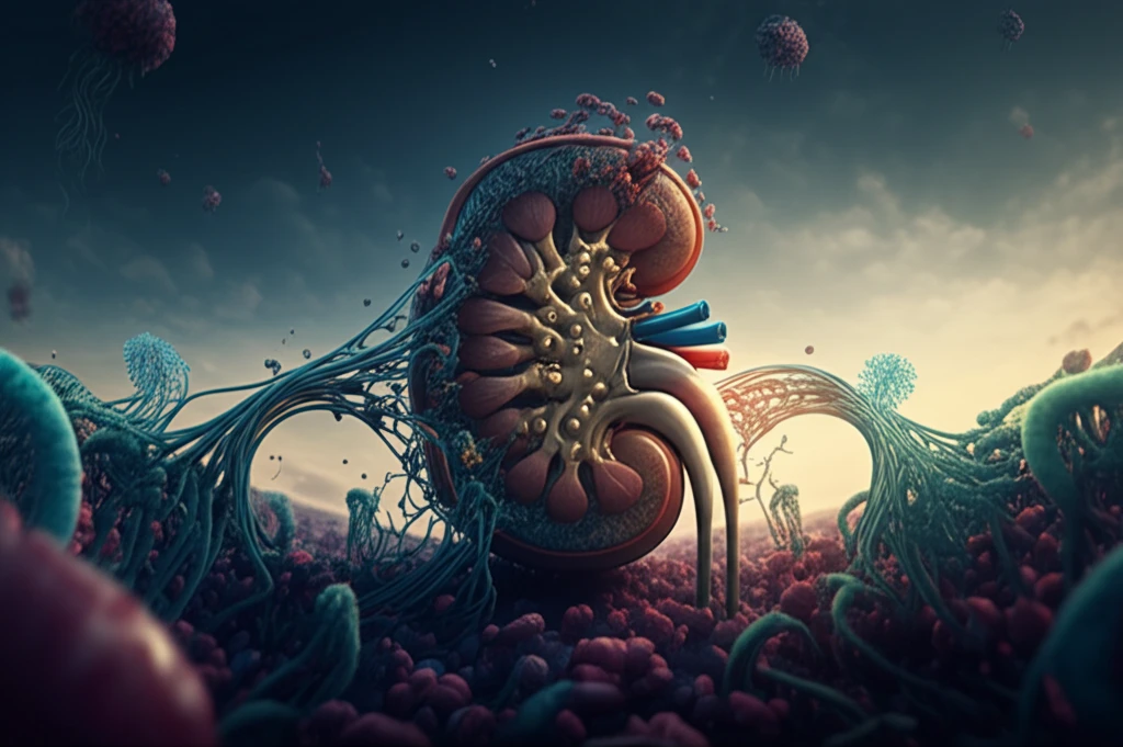 Illustration of a kidney being healed by proteins, symbolizing kidney disease prevention.