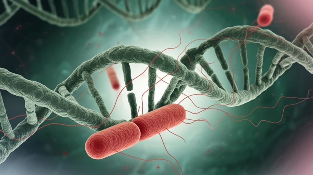 Microscopic view of H. pylori and DNA strands representing gastric cancer risk.