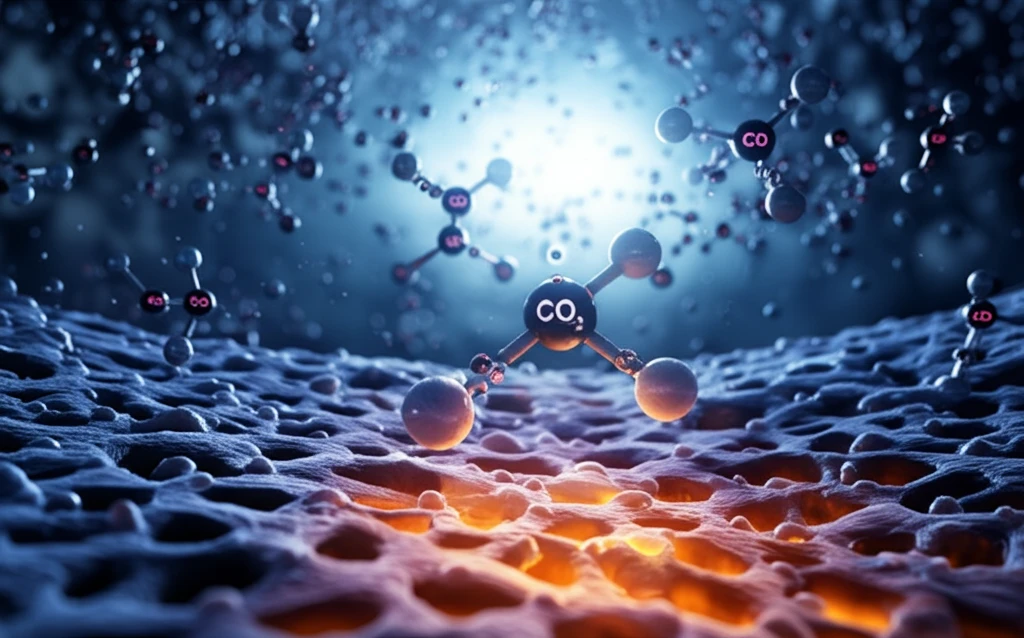 Microscopic view of CO2 molecules being trapped within an adsorbent material