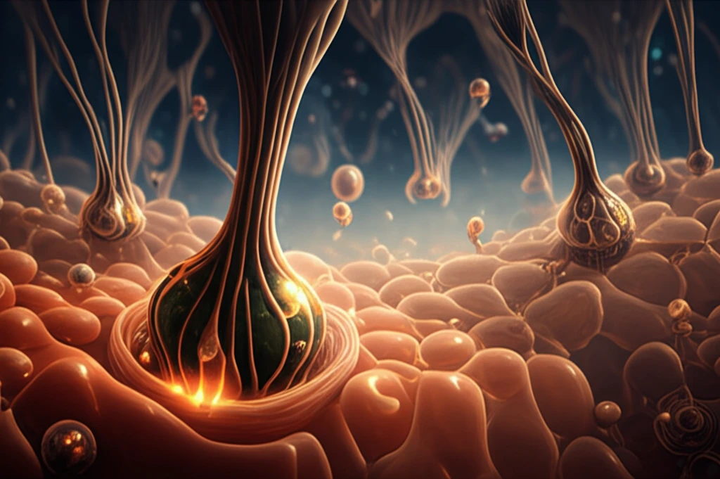 Interconnected skin cells showing ADAMTSL5 proteins and inflammatory pathways in psoriasis.