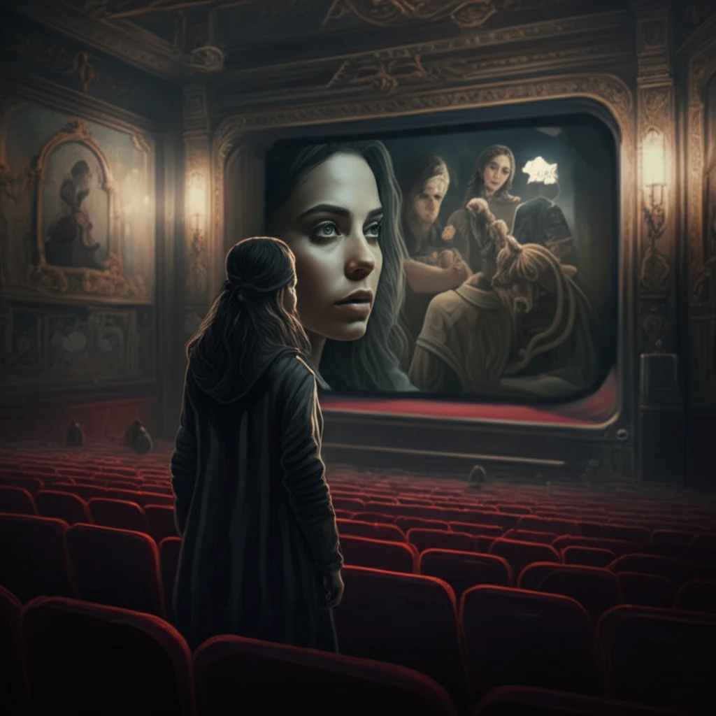 Surreal illustration of a woman reflecting on her life through classic films.
