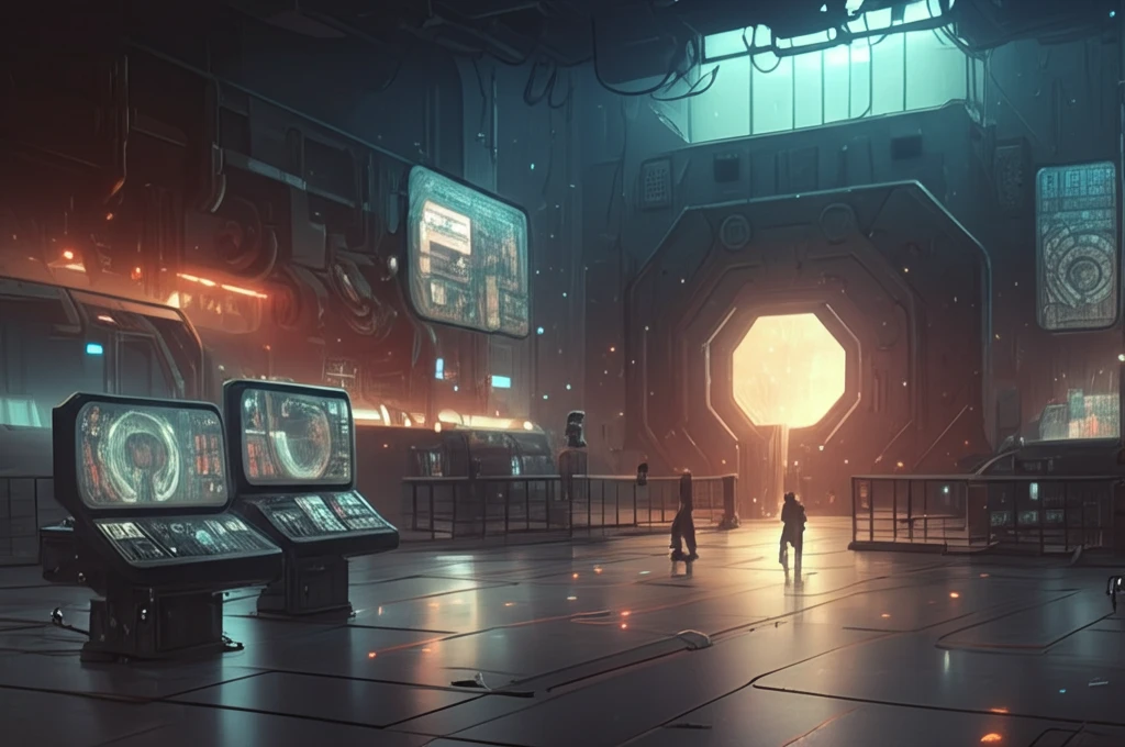 Futuristic steel mill control room with holographic displays monitoring a pilot hot rolling mill.
