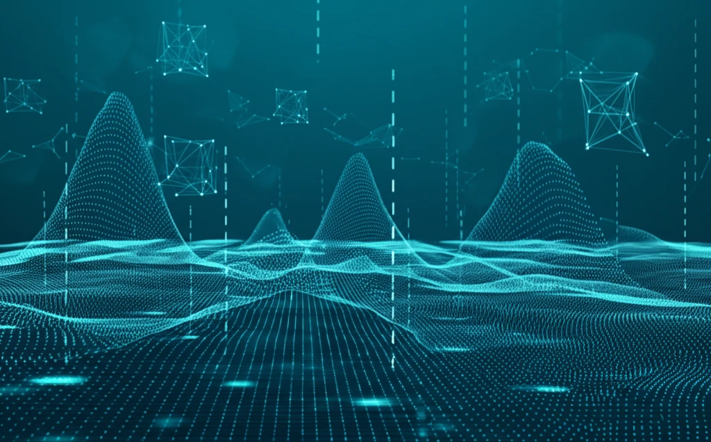 Surreal illustration of a lognormal landscape and data clustering network.