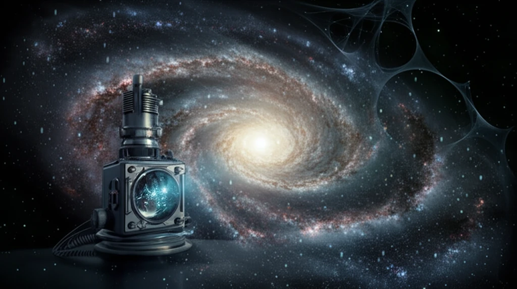 Galaxy with faint particles and detection instruments symbolize Sterile Neutrino Dark Matter.