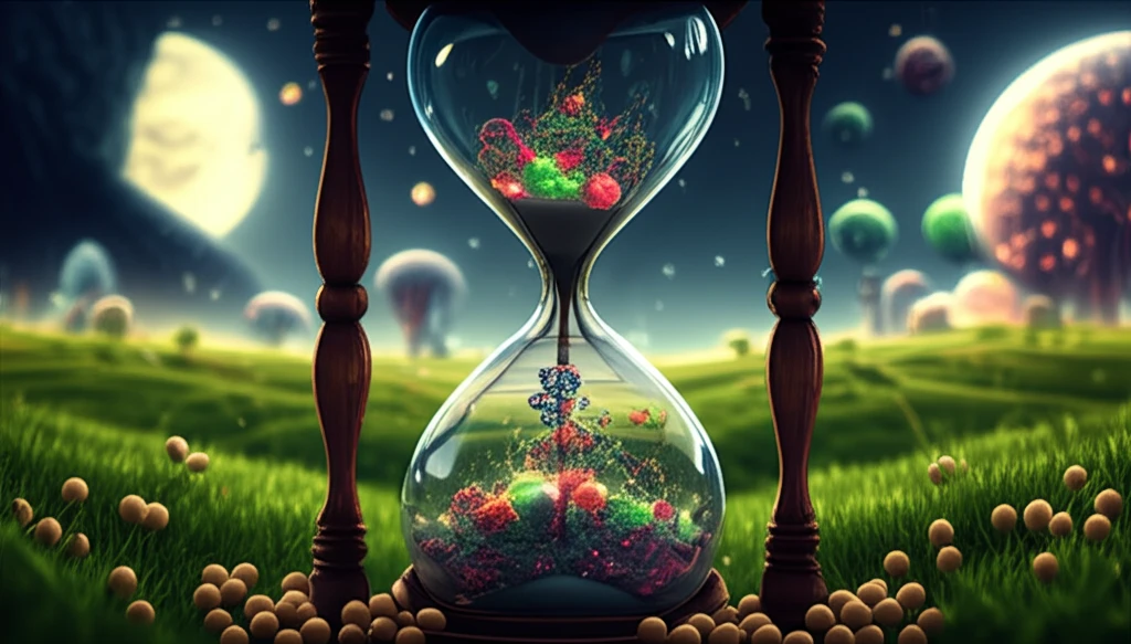 Hourglass filled with enzymes symbolizing the convergence of nature and science.