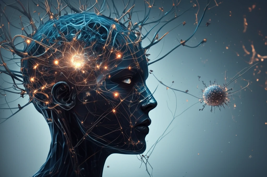 Surreal illustration of head silhouette with surgical threads and infection-free nodes, symbolizing readmission risk reduction in head and neck cancer surgery.