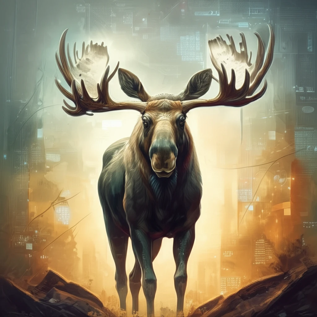 Surreal digital illustration of a moose using AI to calculate data for conservation.