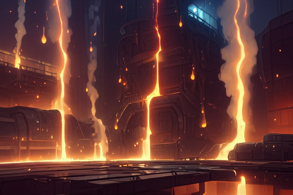Molten steel droplets emitting sulfur vapor in a futuristic factory.