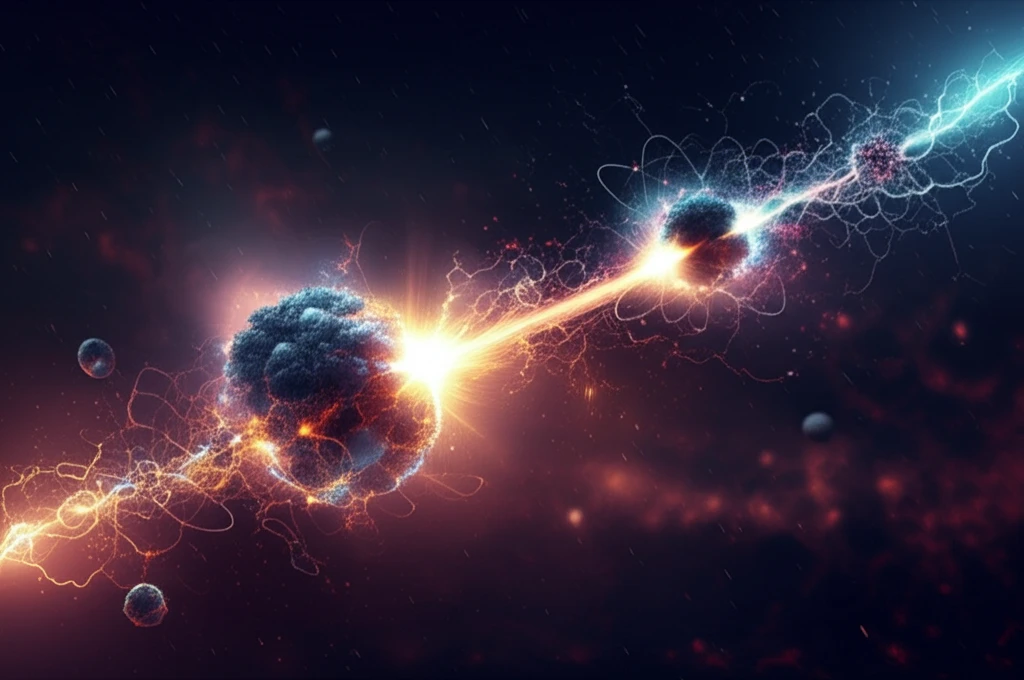 Surreal illustration of nuclear fusion with energy trails and nebula background.