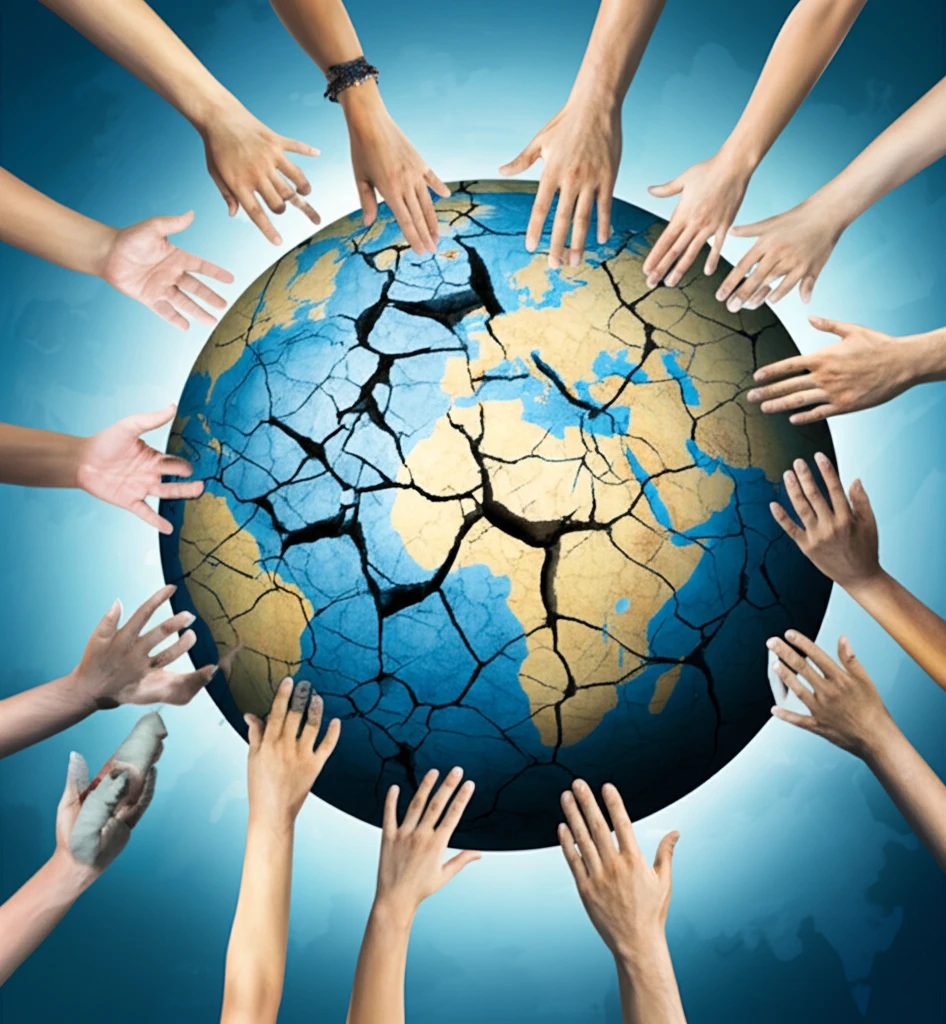 Diverse hands rebuilding a shattered globe, symbolizing global cooperation.