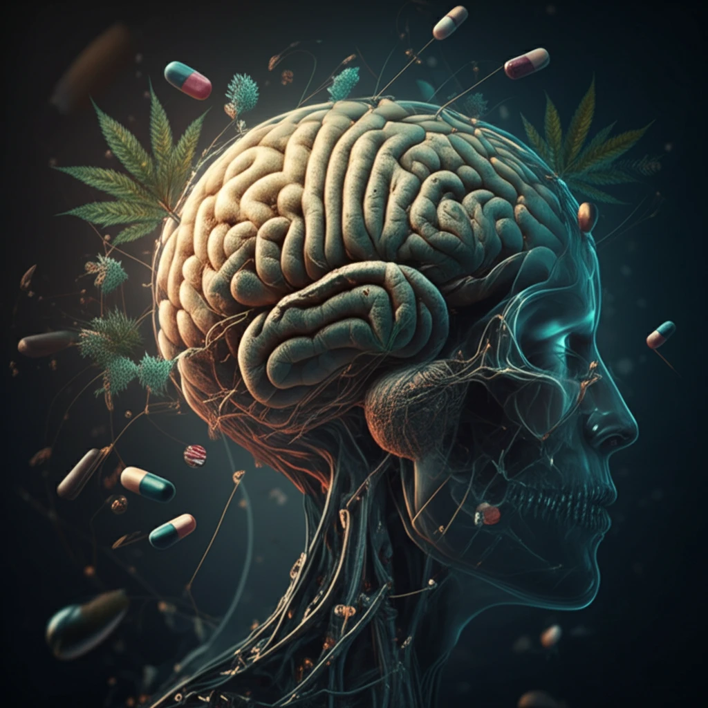 Surreal brain illustration symbolizing memory, cannabis, and drug interactions.