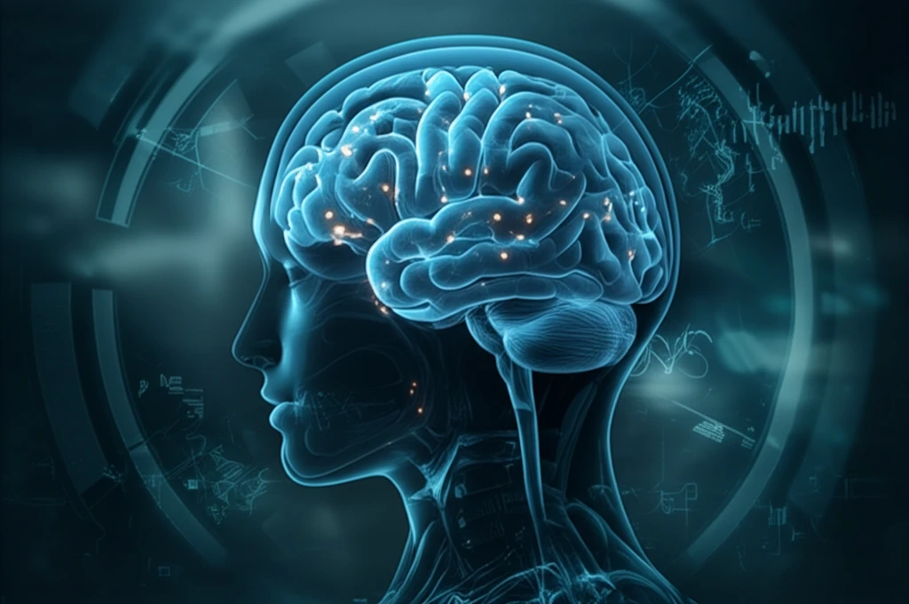 Brain with glowing pathways in an ICU setting, symbolizing cerebral blood flow and precision in TBI management.