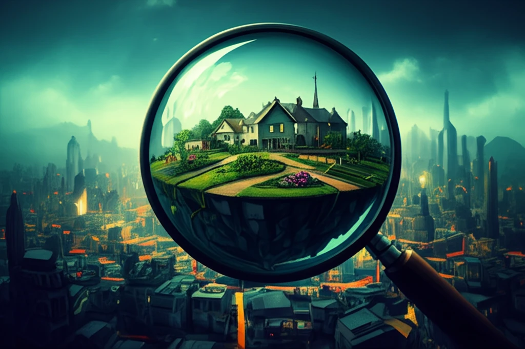 Magnifying glass focusing on a community garden, symbolizing niche research.