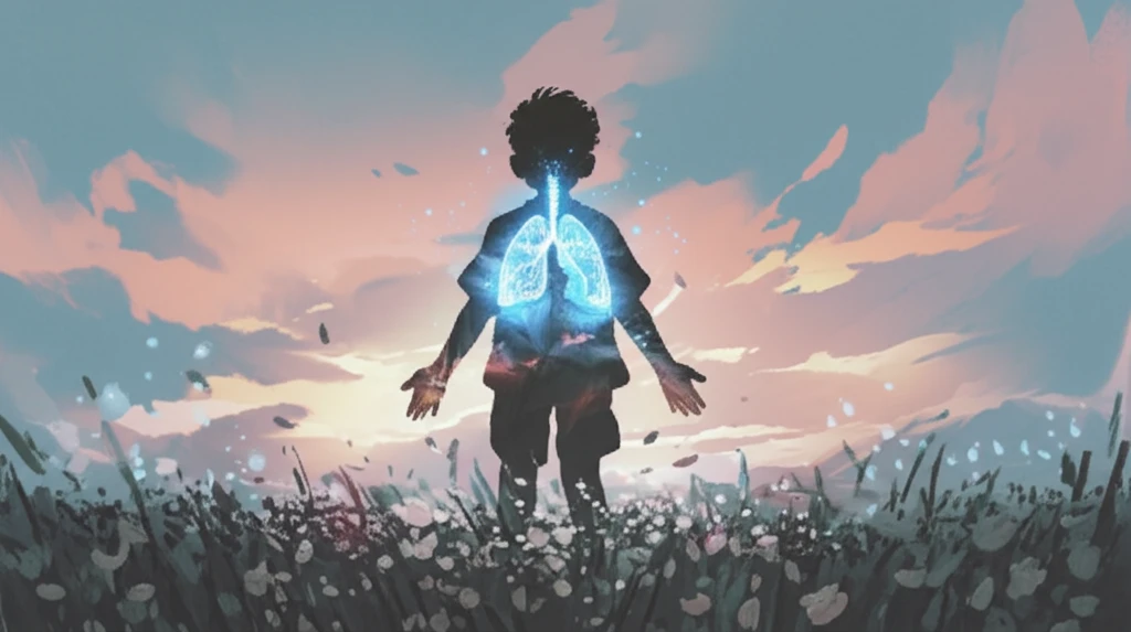 A child's silhouette with healthy lungs rising above a hopeful landscape.
