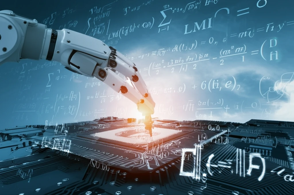 Robotic arm assembling circuit board under a sky of equations