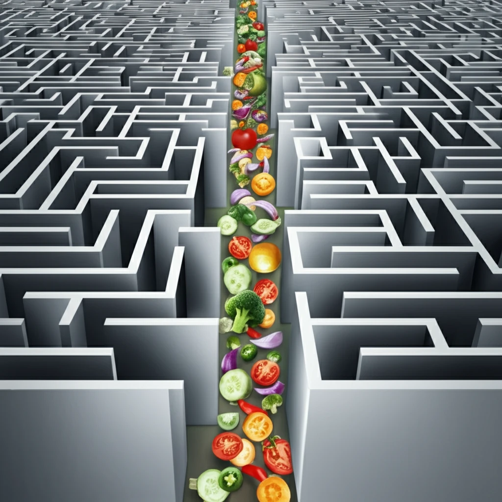 A pathway through a maze of food choices, leading to a balanced, healthy meal.